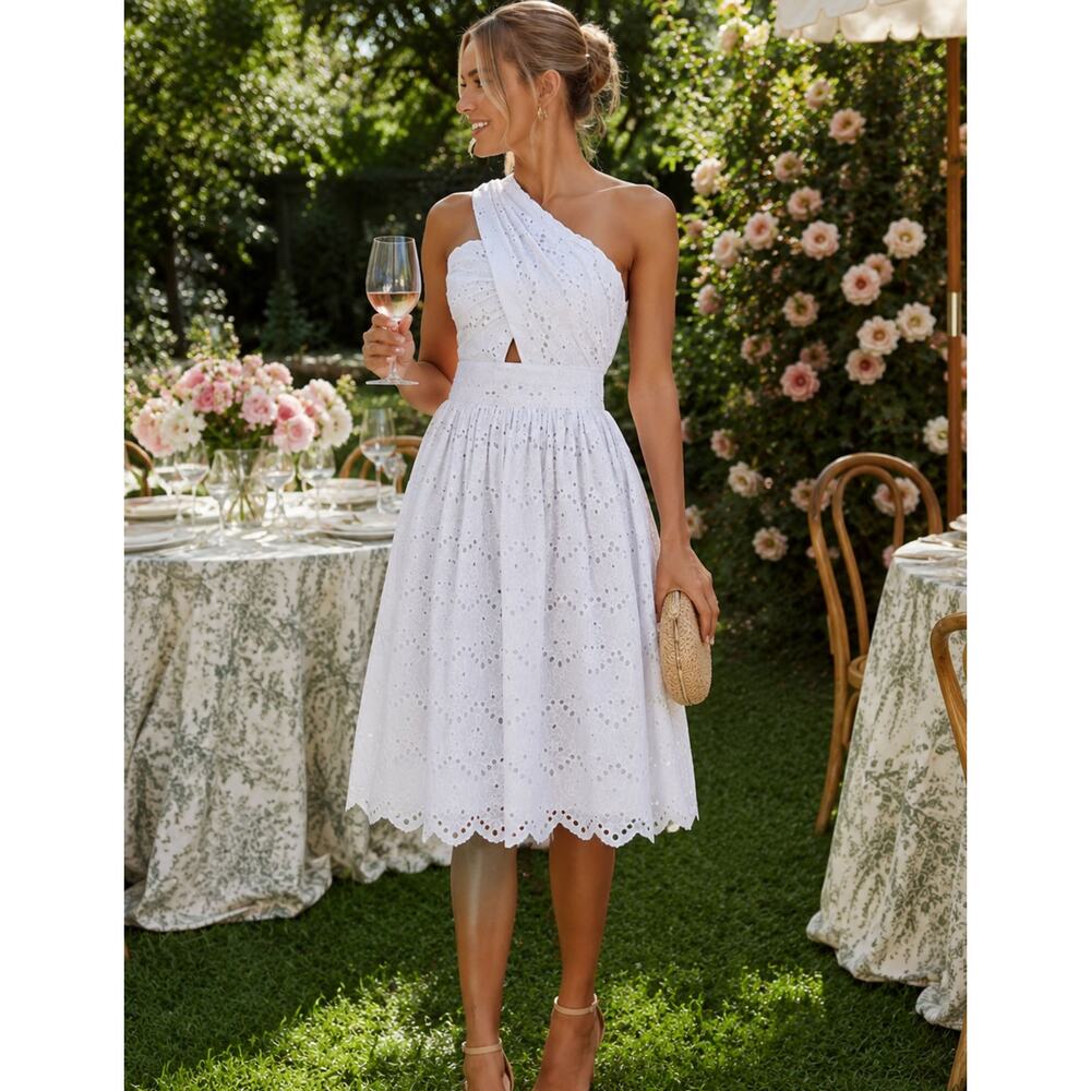 French Connection Appelona Cotton One Shoulder White Eyelet Dress Size 2
